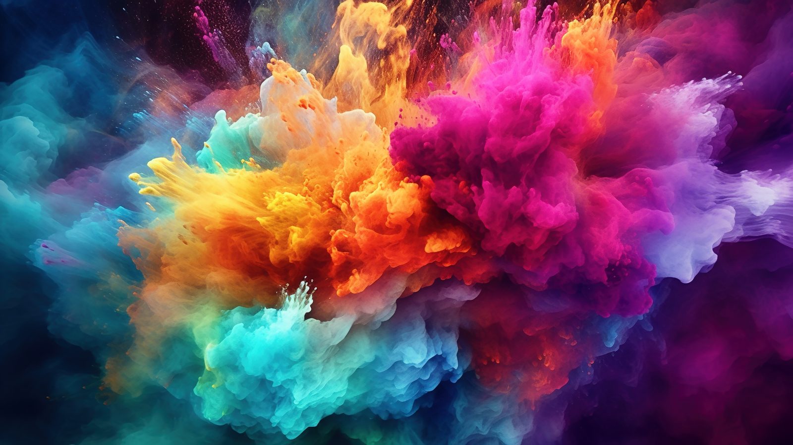 An explosion of vividly colored powder — cyan, yellow, orange, and magenta clouds billowing into each other