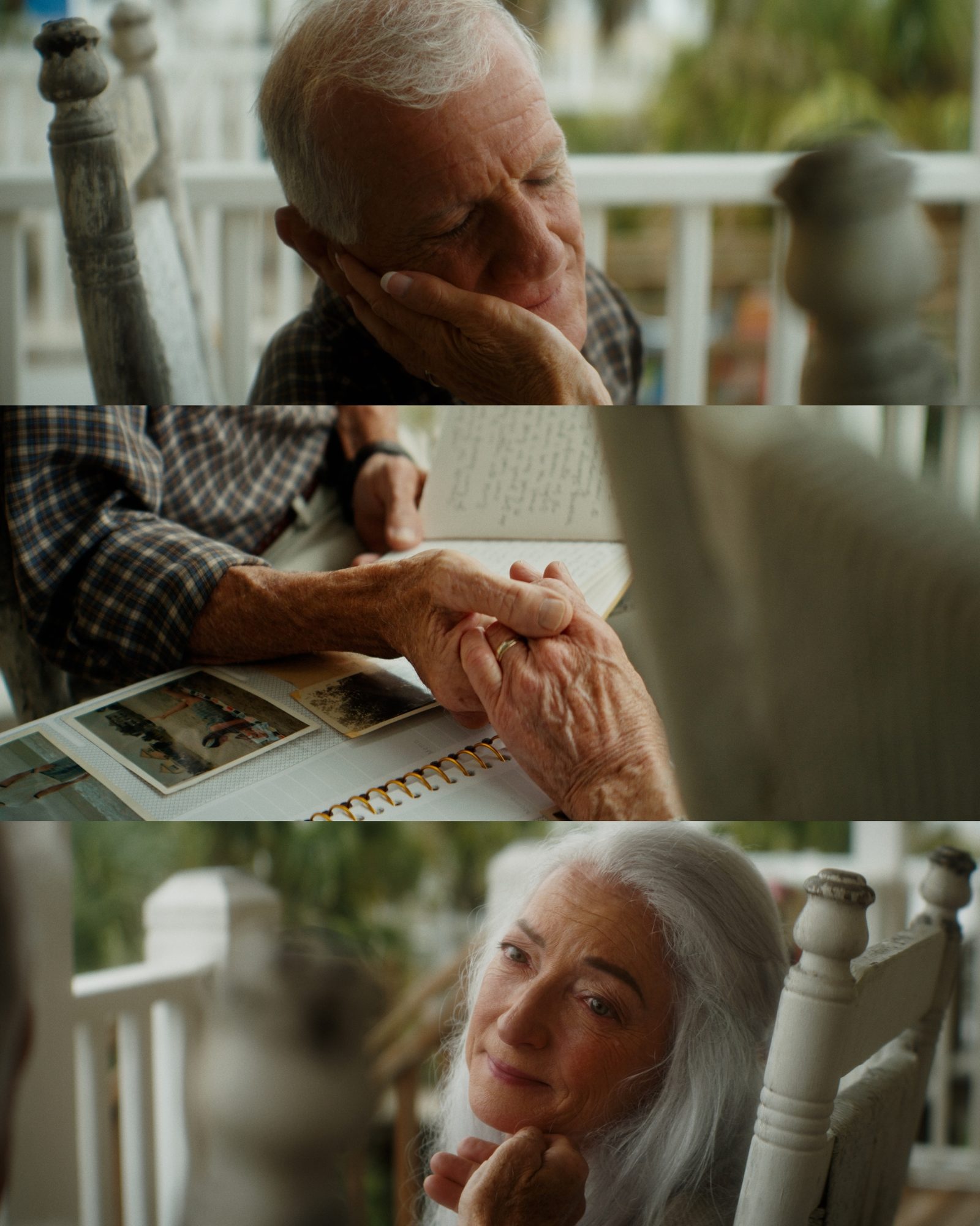 Three film stills: an elderly man on a porch gazing at a photo album, weathered hands clasped over old snapshots, and a silver-haired woman in a rocking chair.