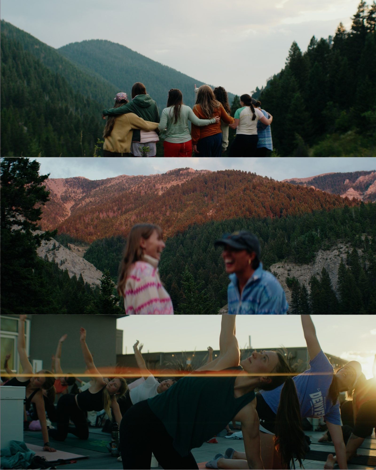 Three film stills of women outdoors at dusk — friends embracing before forested mountains, two laughing together, and a rooftop yoga class in golden light.