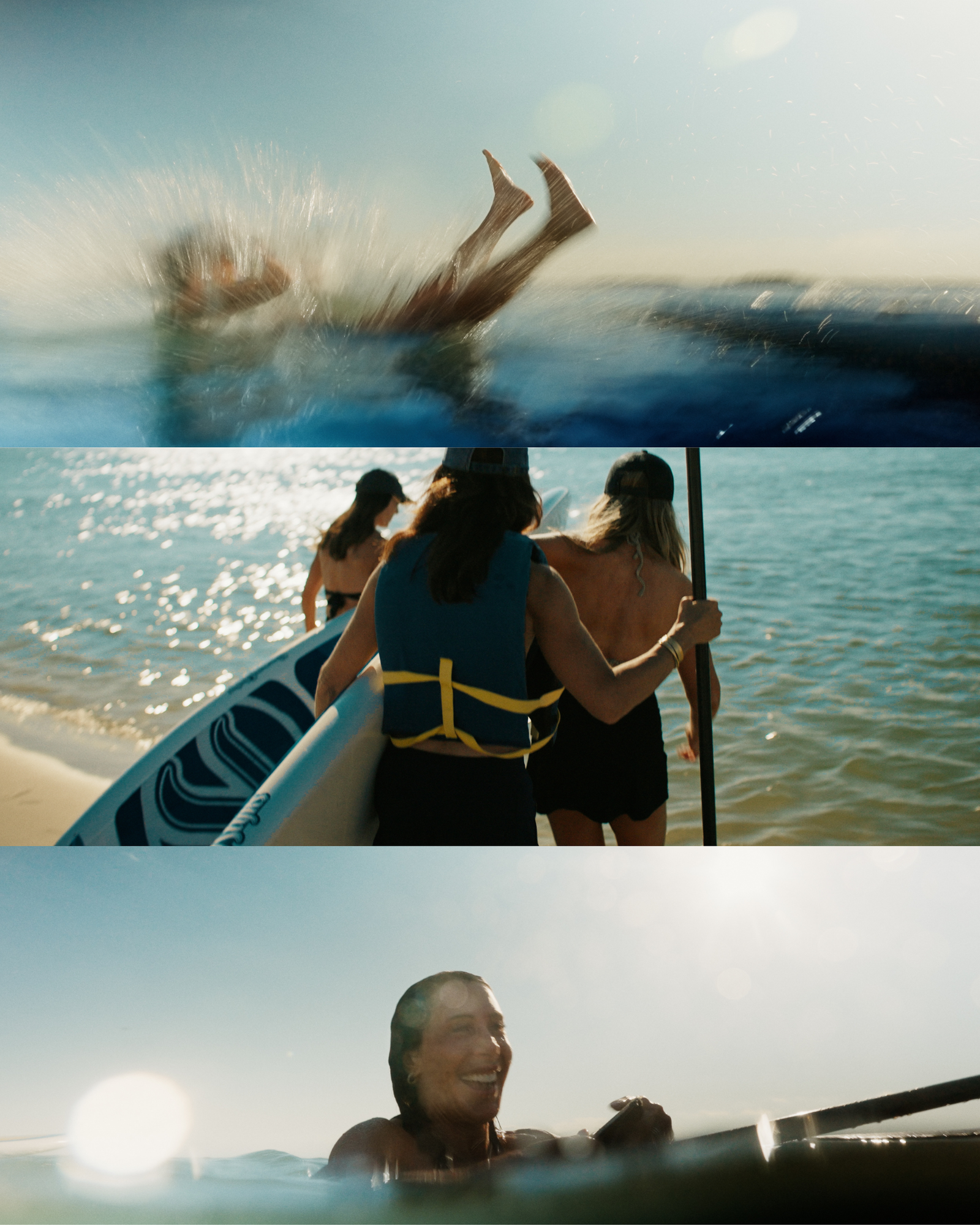 Three sunlit film stills of friends playing in the water — a splashing dive, women carrying a paddleboard into a lake, and a woman laughing while swimming.