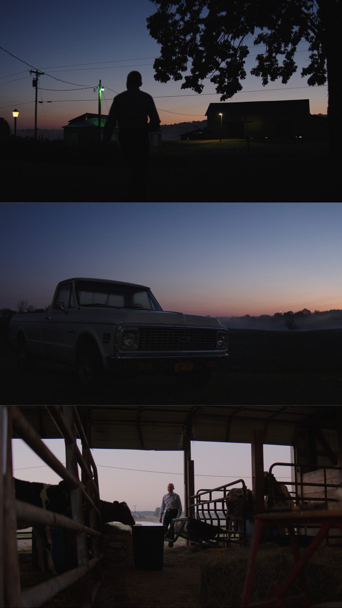 Three dusk-lit film stills on a rural farm — a silhouetted figure, a vintage pickup truck against a fading sky, and a man walking through a cattle barn.