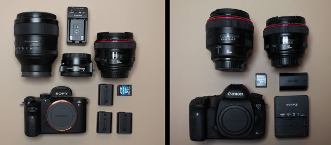 A Sony a7rII with a Metabones Adapter, Canon 500mm f/1.2L, and Sony 85mm G Series verse a Canon equivalent.